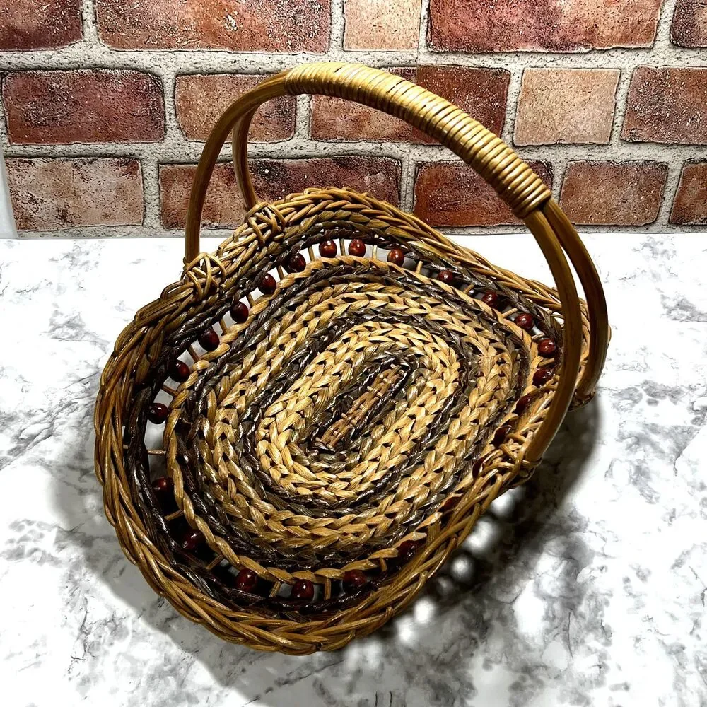 Vintage Gathering Basket With Wooden Beads | Wicker Magazine RacK | Towel Basket